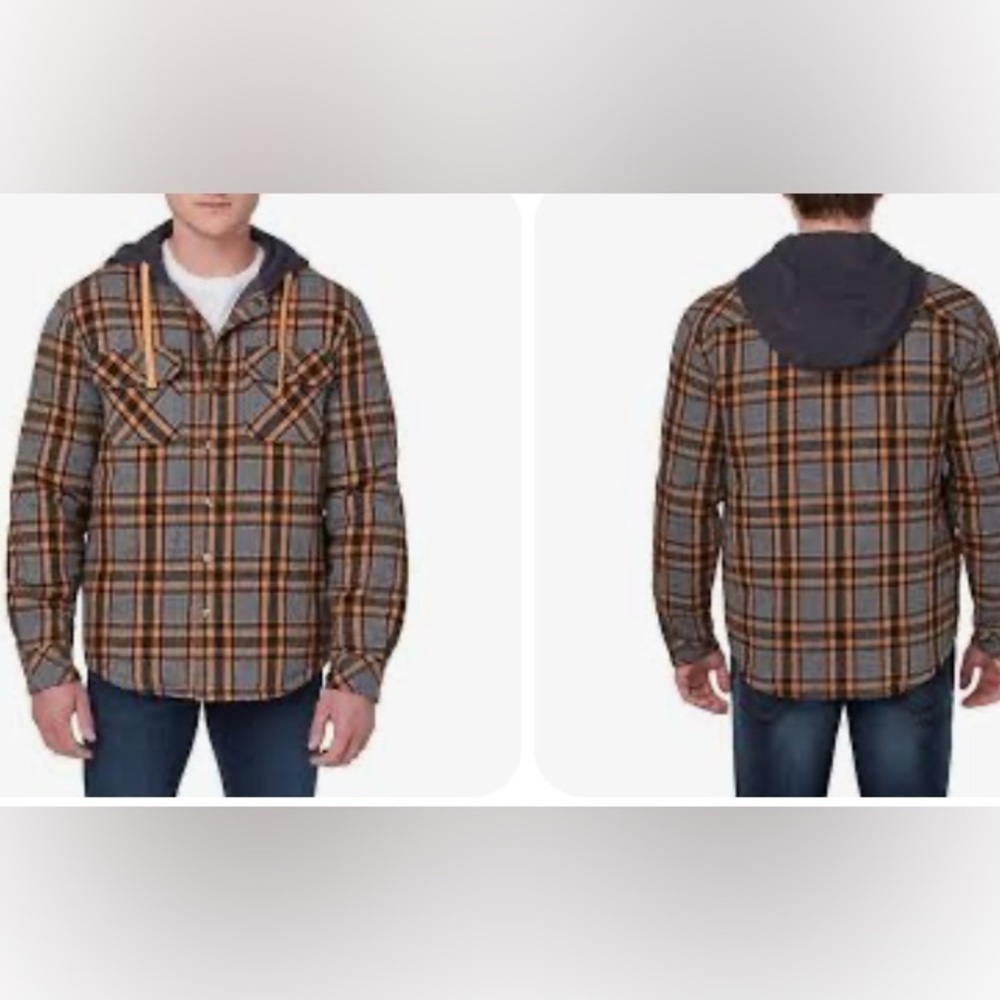 Legendary Outfitters Flannel Hooded Shirt Jacket grey orange Fall plaid Shacket